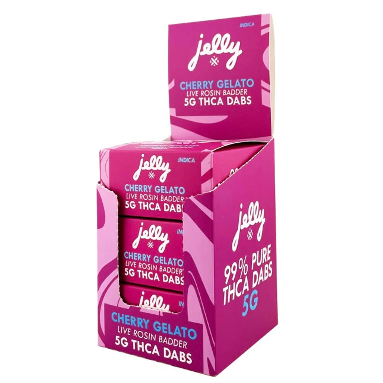 Pink packaging of Jelly Cherry Gelato THCA Dabs on a white background