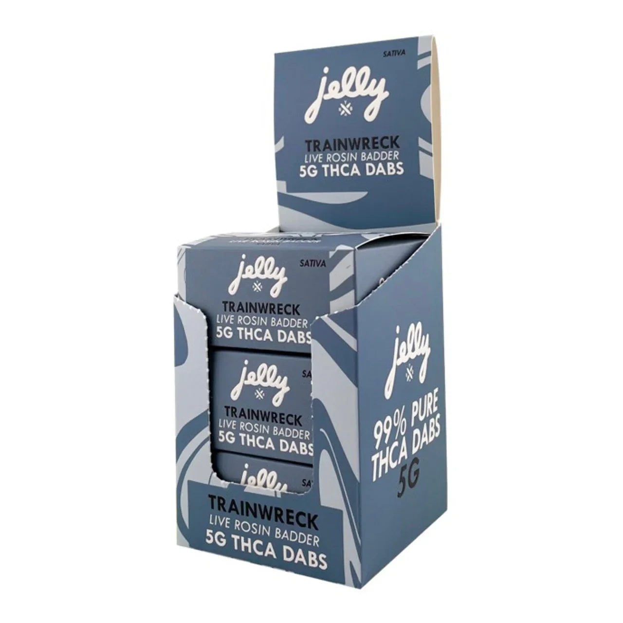 Display box of jelly Trainwreck live rosin dabs with blue and white design.