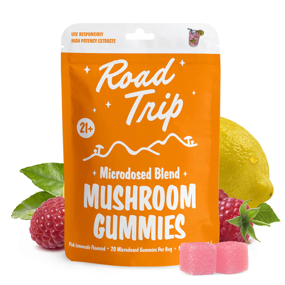 Road Trip Mushroom Gummies pink lemonade flavor pouch with lemon, raspberries, and gummies