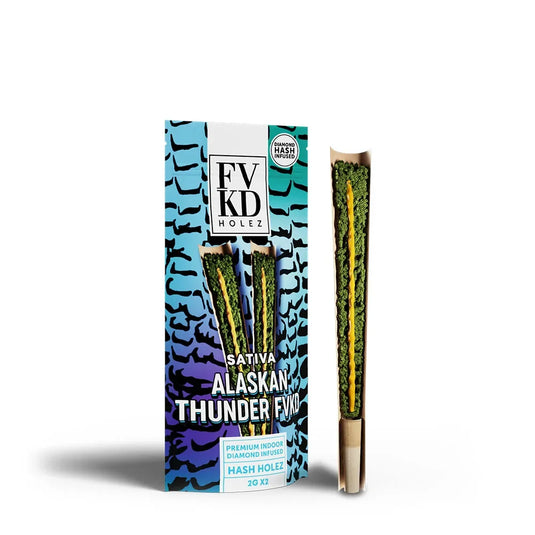 FVKD Holez Alaskan Thunder pre-roll packaging and open pre-roll, Coastal Hemp Co wholesale