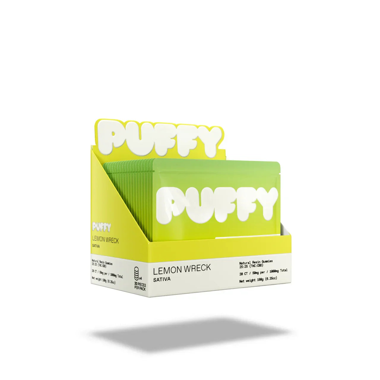 Box of Puffy Lemon Wreck Sativa on a white background