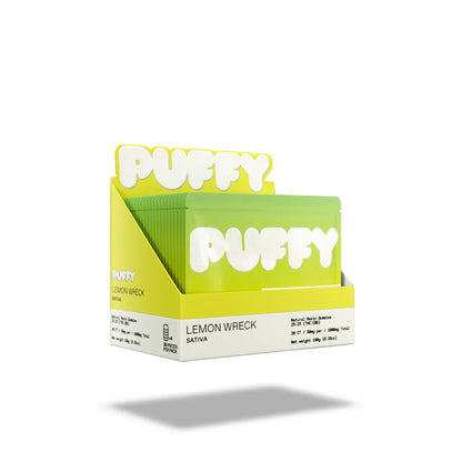 Box of Puffy Lemon Wreck Sativa on a white background
