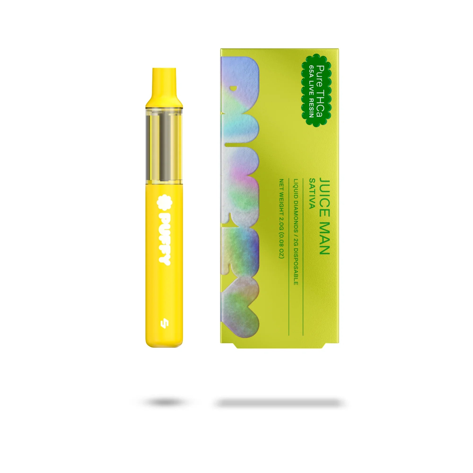 Puffy THCA Disposable Live Resin Juice Man vape pen with yellow packaging, Coastal Hemp Co.