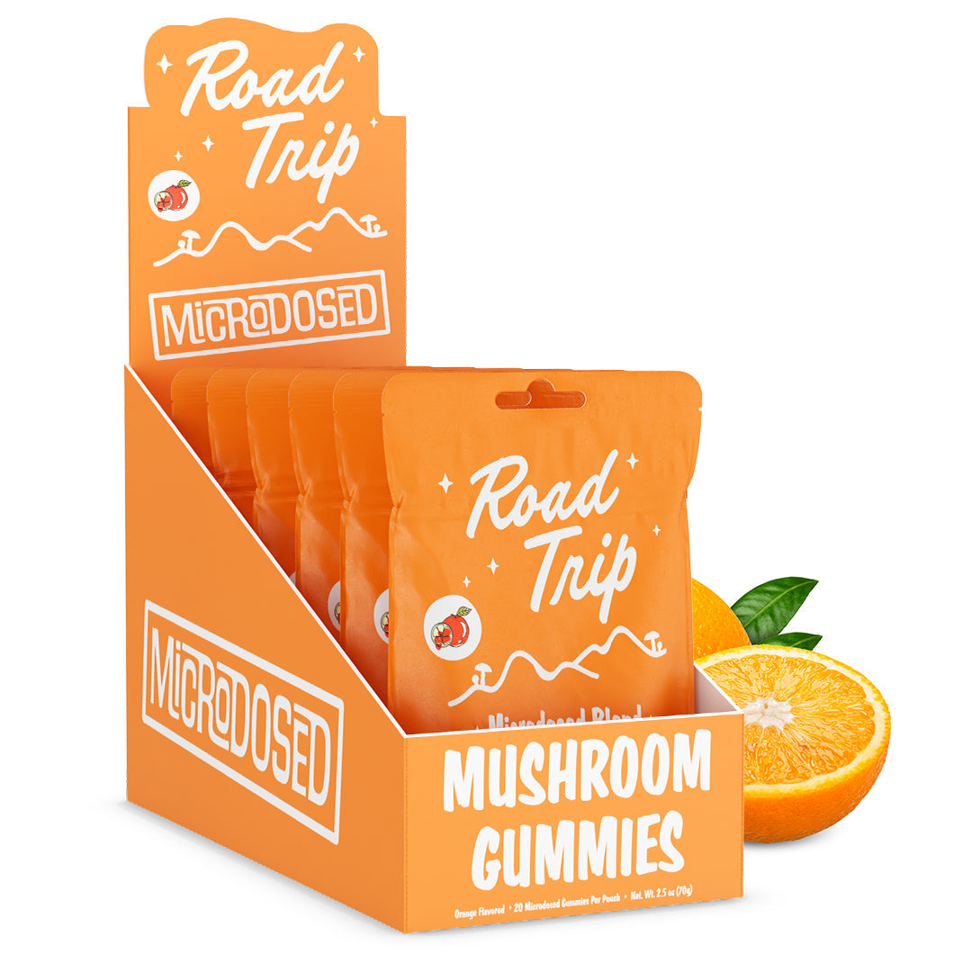 Road Trip Microdosed Mushroom Gummies orange 6-pack retail box with sliced orange, Coastal Hemp Co Wholesale