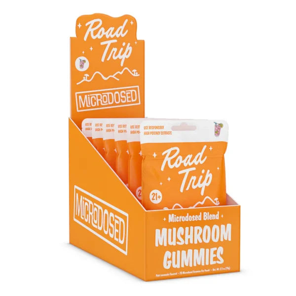 Road Trip Microdosed Mushroom Gummies display box, orange packaging, wholesale product