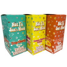 Three colorful boxes of 'Not Ya Son's Heed' THCa prerolls on a white background